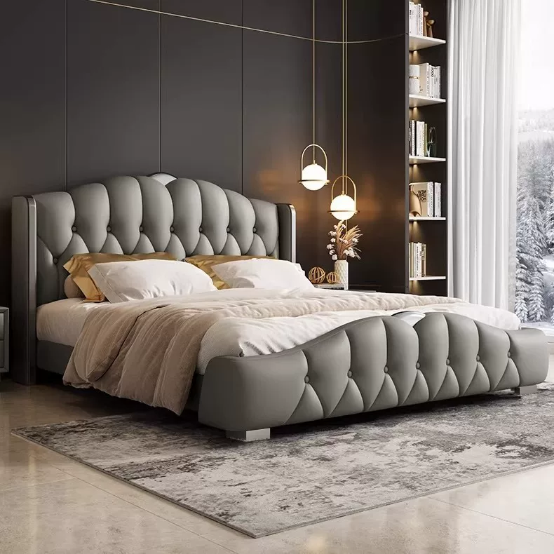 轻奢真皮床简约主卧1.5米1.8米双人床意式高端大气新款软包婚床