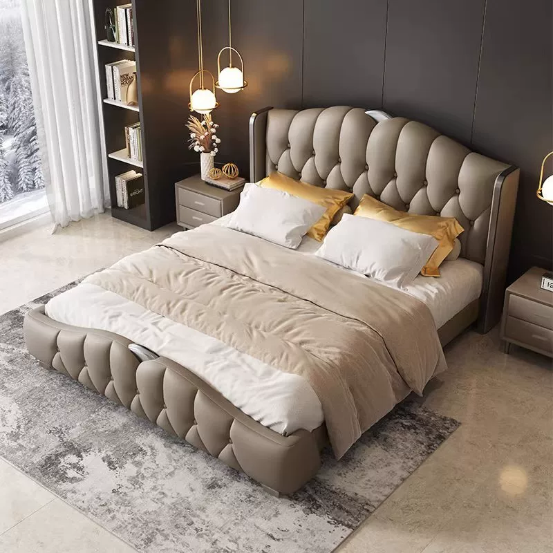 轻奢真皮床简约主卧1.5米1.8米双人床意式高端大气新款软包婚床