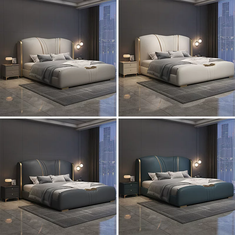 意式轻奢真皮床1.8米主卧双人床家用1.5米高箱储物床高端皮艺床