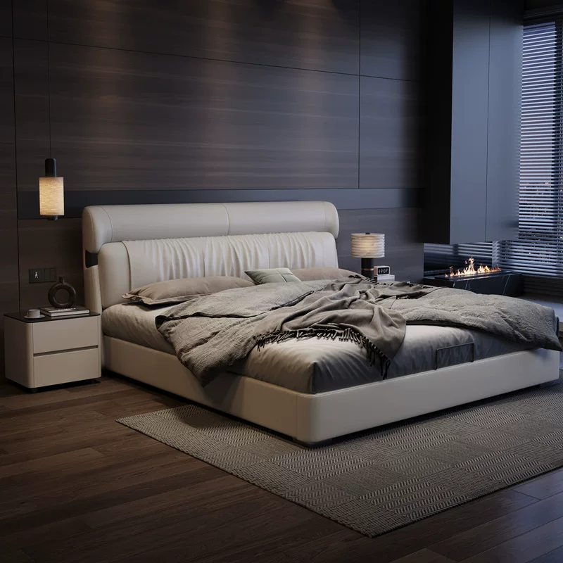 轻奢真皮床1.5米1.8米双人床主卧室简约家具高箱储物新款软体婚床