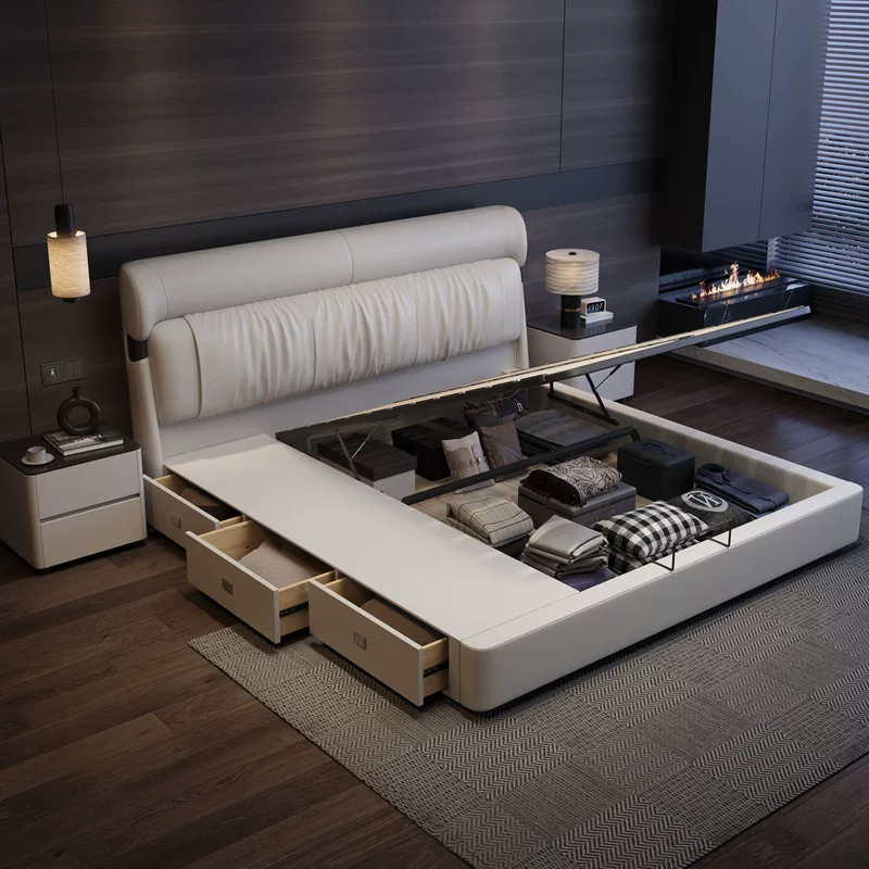 轻奢真皮床1.5米1.8米双人床主卧室简约家具高箱储物新款软体婚床