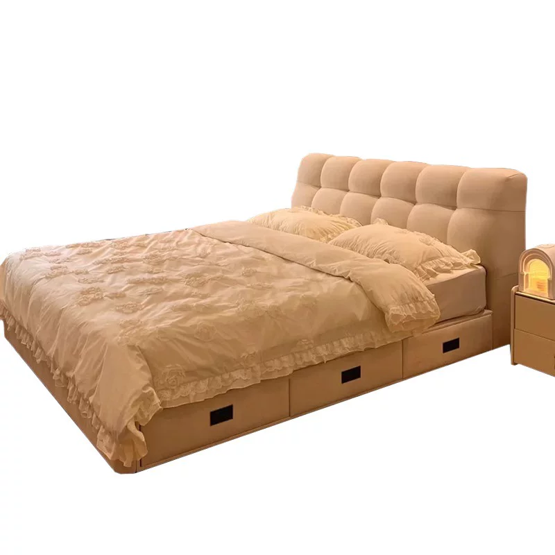 奶油风泡芙布艺床现代简约科技布2米×2米主卧双人床软包储物婚床