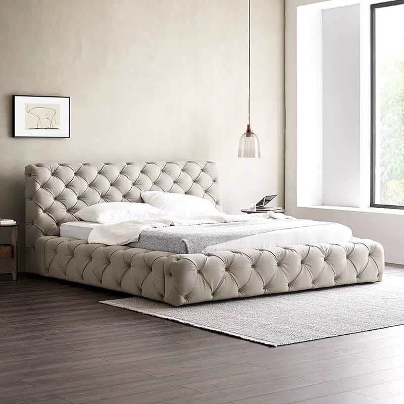 意式轻奢真皮床拉扣网红双人床设计师别墅婚床主卧高端纳帕真皮床