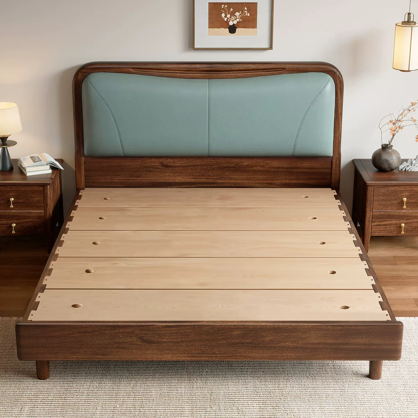 北欧黑胡桃木实木软靠床简约主卧床1米8双人床婚床大床1米5单人床