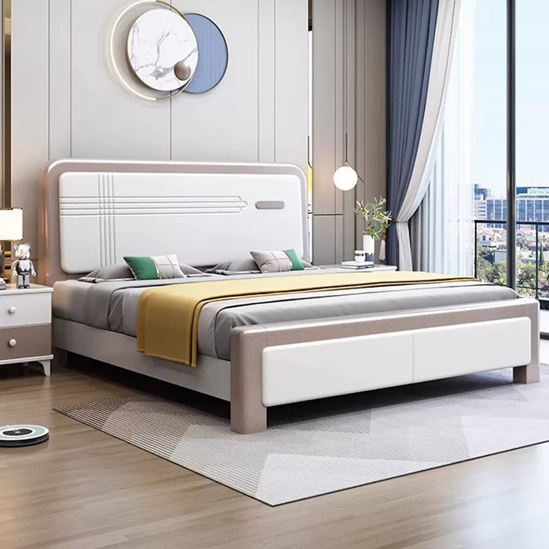 北欧经济型实木床白色现代简约1.8米主卧双人床1.5轻奢榫卯储物床