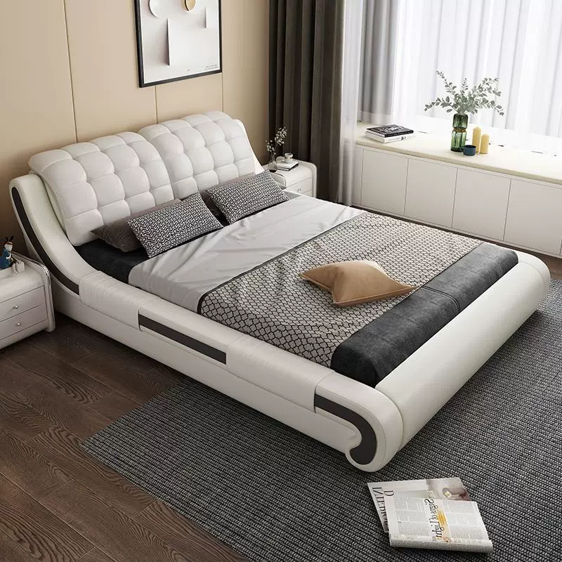 现代皮床真皮床双人床1.8米现代简约主卧床婚床北欧式1.5米皮艺床