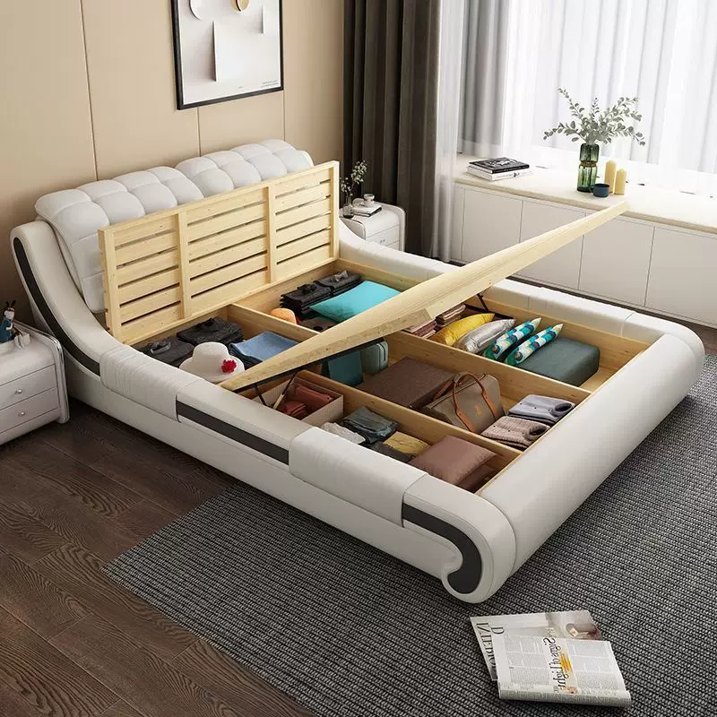 现代皮床真皮床双人床1.8米现代简约主卧床婚床北欧式1.5米皮艺床