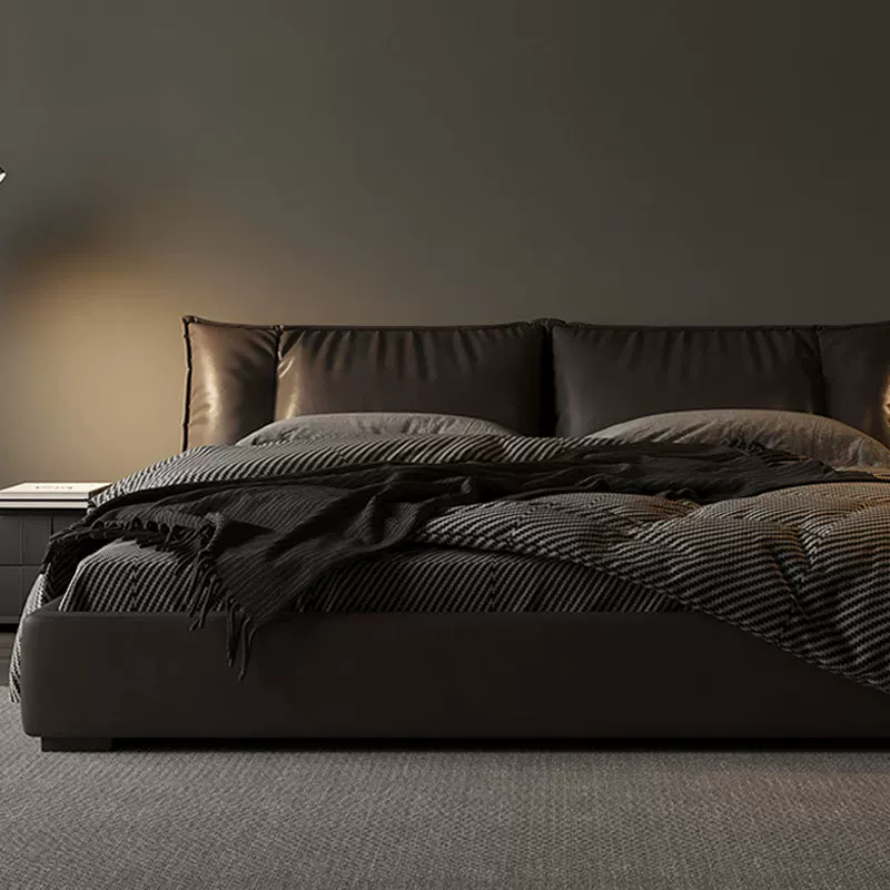 意式极简真皮床头层牛皮榻榻米床主卧羽绒软包床2*2米大床双人床