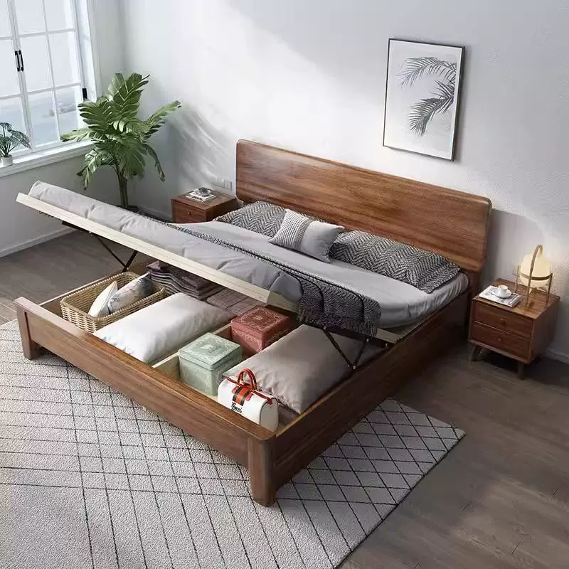 北欧风胡桃木实木床现代简约大床1.5家用1.8小户型双人床橡胶木床