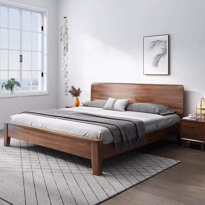 北欧风胡桃木实木床现代简约大床1.5家用1.8小户型双人床橡胶木床