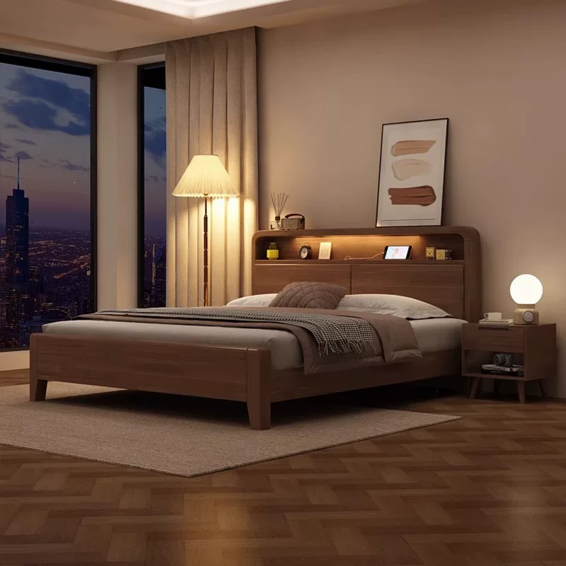 北欧全实木床1.35米现代简约1.5米胡桃色卧室高箱储物1.8m双人床