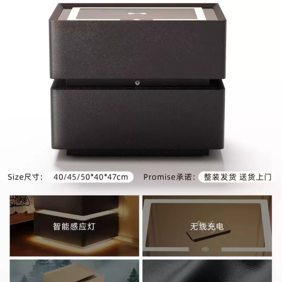 智能床头柜家用带灯卧室中古风实木胡桃色床边柜意式轻奢多功能柜