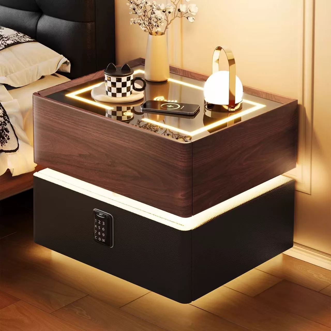 智能床头柜家用带灯卧室中古风实木胡桃色床边柜意式轻奢多功能柜