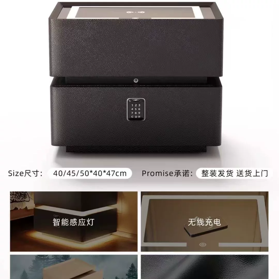 智能床头柜家用带灯卧室中古风实木胡桃色床边柜意式轻奢多功能柜