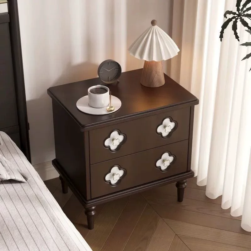 法式复古床头柜实木小型收纳黑色中古风储物矮柜家用卧室床边柜子