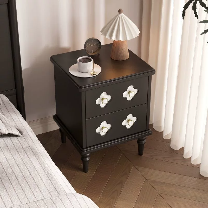 法式复古床头柜实木小型收纳黑色中古风储物矮柜家用卧室床边柜子