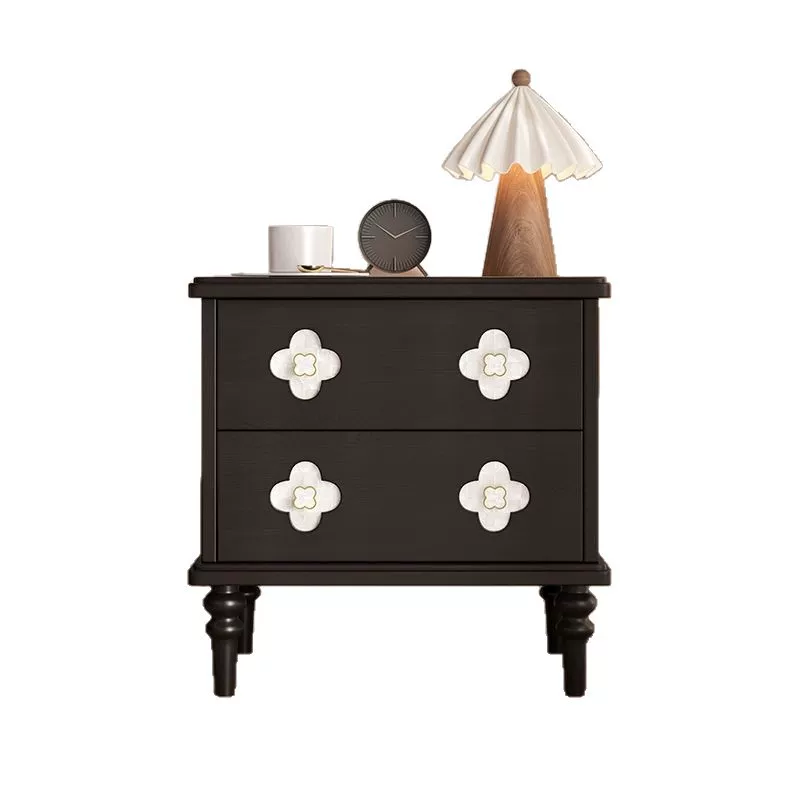 法式复古床头柜实木小型收纳黑色中古风储物矮柜家用卧室床边柜子